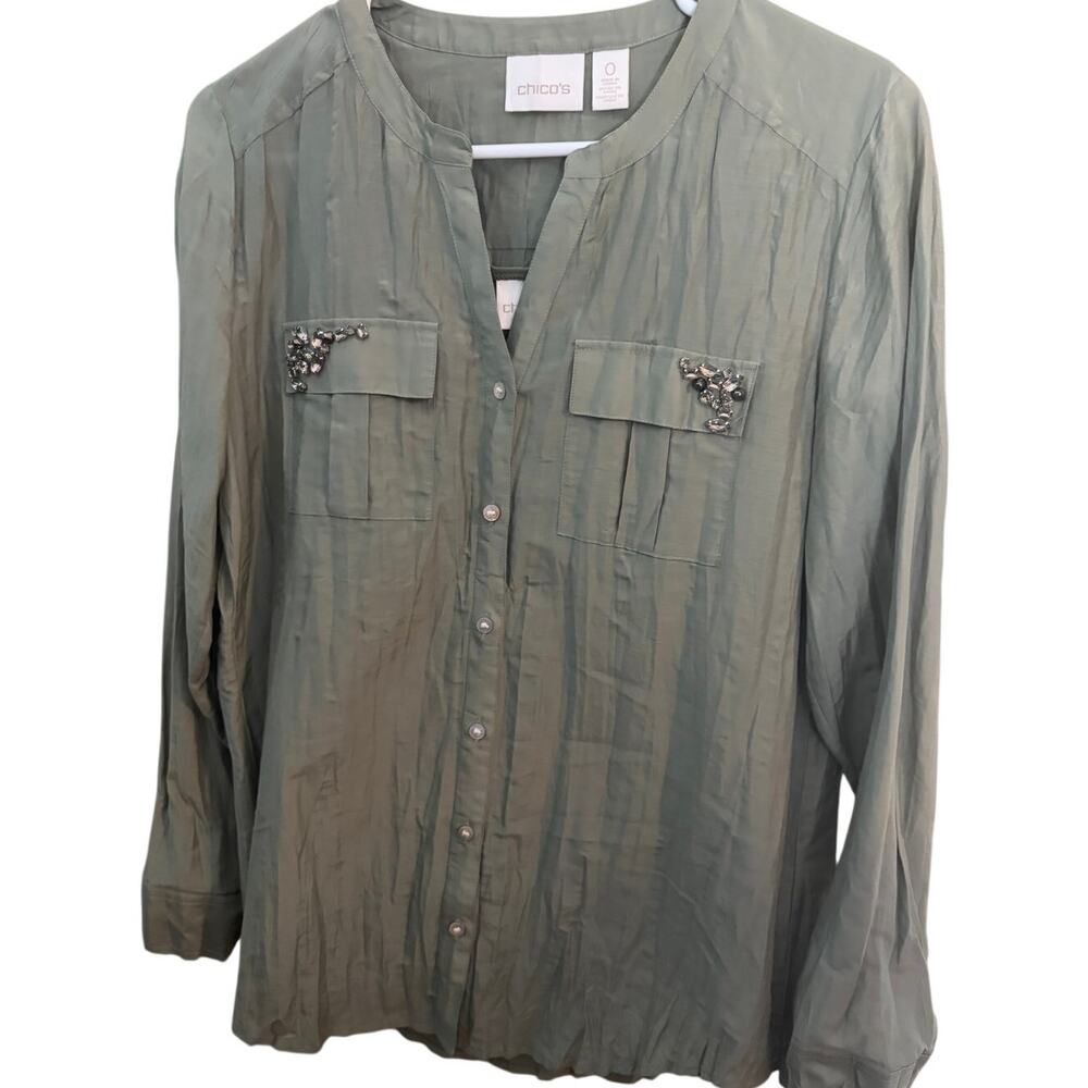 Chicos Travelers Embellished Front Blouse and Tank Set Sage Green Jewel Pocket S